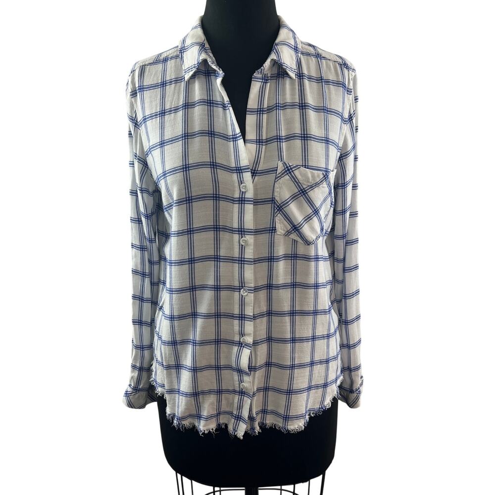 Cloth & Stone White Blue Top Plaid Collared Frayed Hem Button-Up Size Medium M